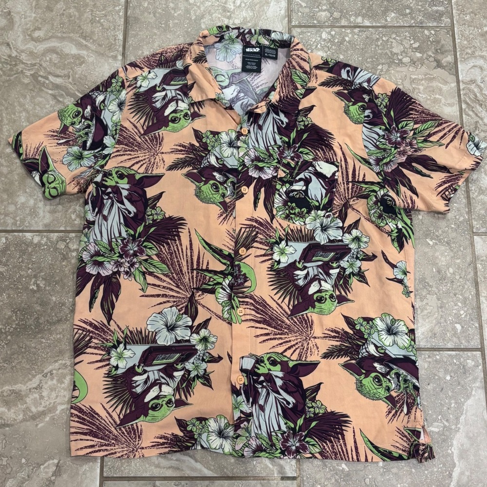 Star Wars Grogu Baby Yoda Tropical Floral Button Down Shirt Peach XL Mandalorian